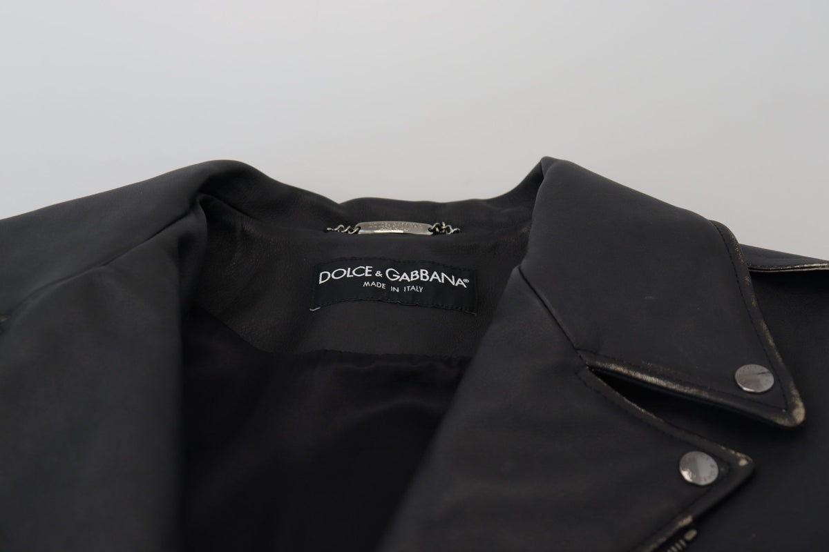 Dolce & Gabbana Black Leather Biker Coat Zipper Jacket - Eljoys Fashion 