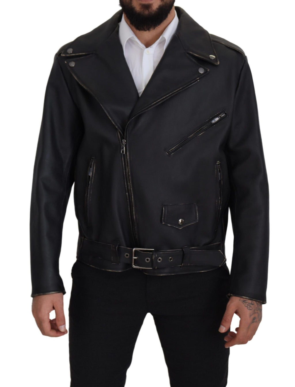Dolce & Gabbana Black Leather Biker Coat Zipper Jacket - Eljoys Fashion 
