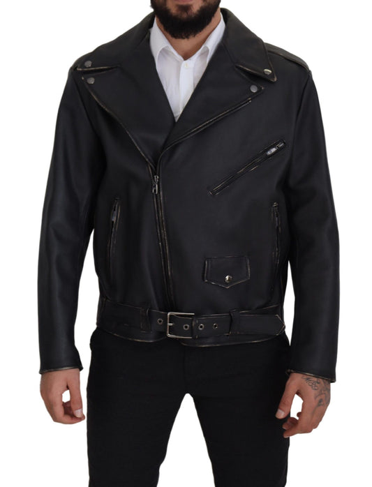 Dolce & Gabbana Black Leather Biker Coat Zipper Jacket Dolce & Gabbana