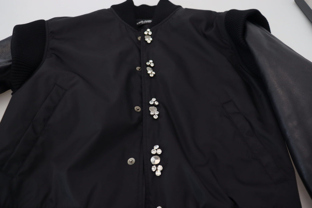 Dolce & Gabbana Black Nylon Crystals Coat Buttons Jacket - Eljoys Fashion 
