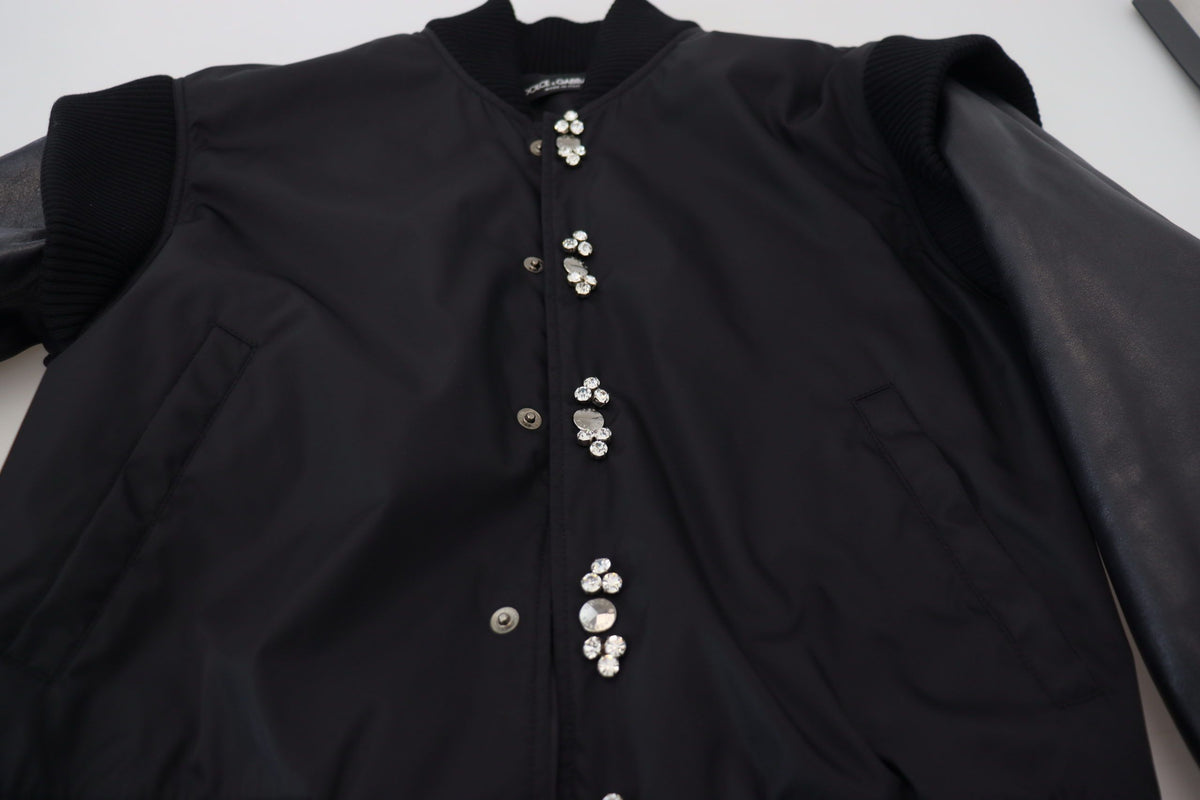 Dolce & Gabbana Black Nylon Crystals Coat Buttons Jacket - Eljoys Fashion 