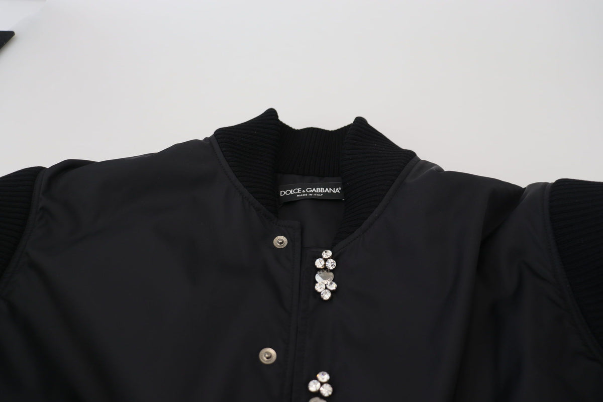 Dolce & Gabbana Black Nylon Crystals Coat Buttons Jacket - Eljoys Fashion 