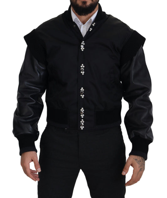 Dolce & Gabbana Black Nylon Crystals Coat Buttons Jacket Dolce & Gabbana