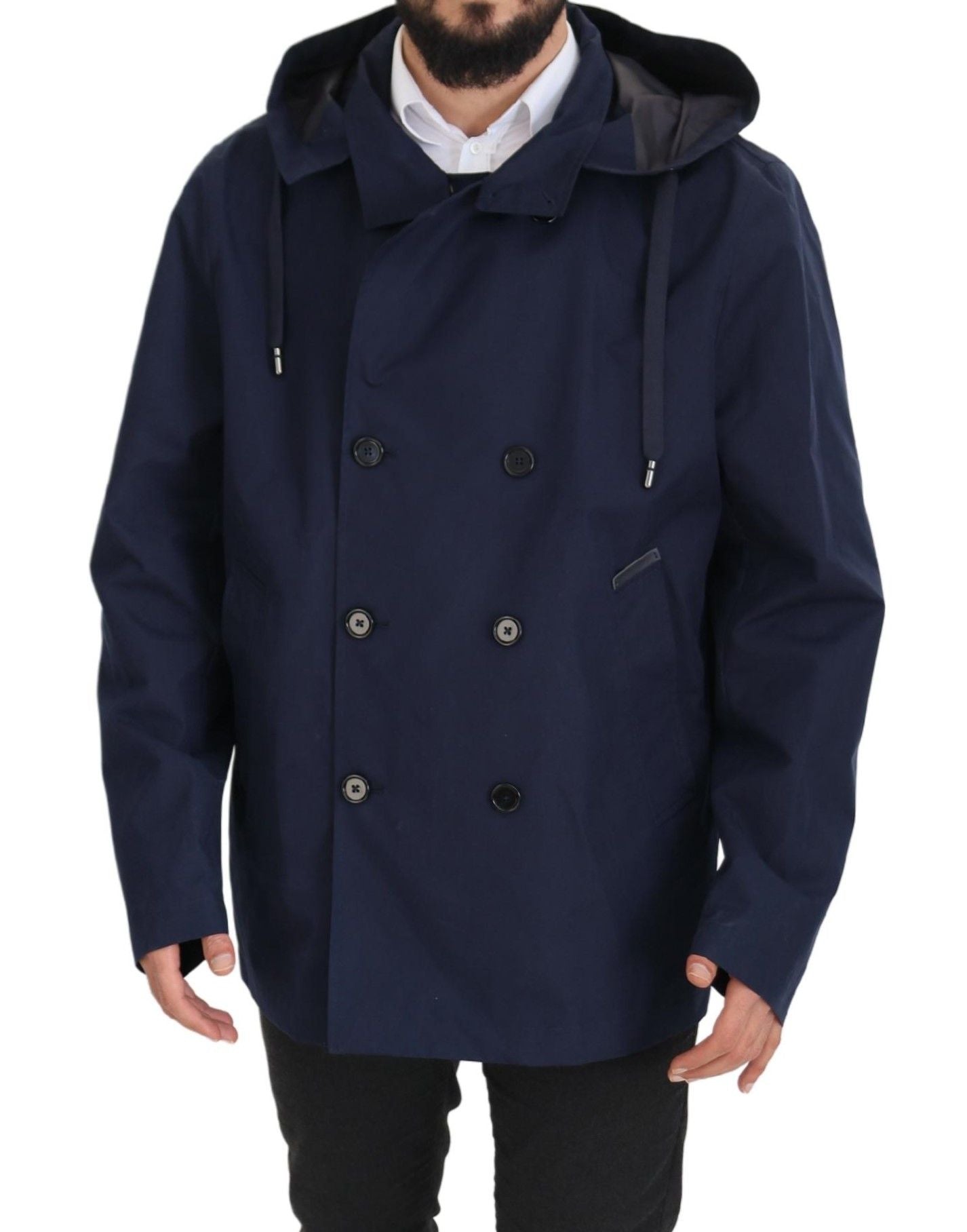 Dolce & Gabbana Blue Hooded Double Breasted Coat Jacket Dolce & Gabbana