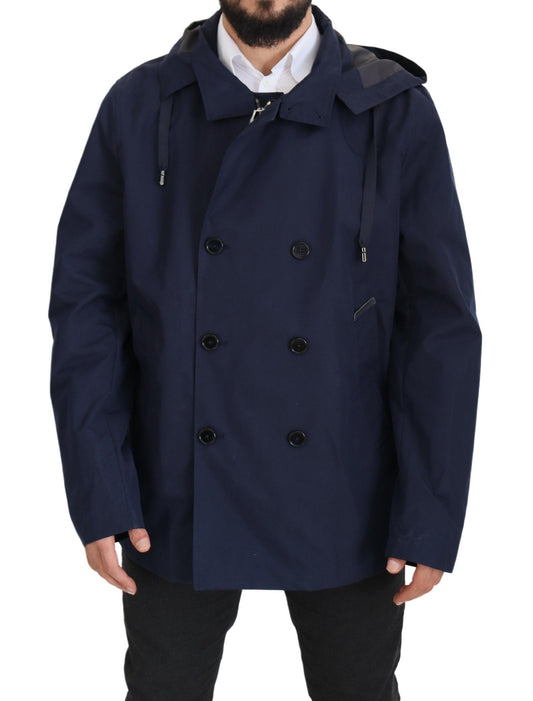 Dolce & Gabbana Blue Hooded Double Breasted Coat Jacket Dolce & Gabbana