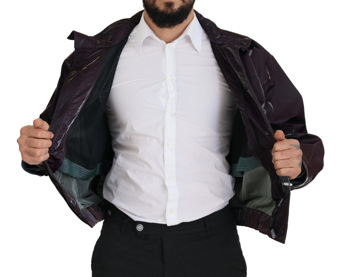 Dolce & Gabbana purple nylon biker coat with a collared design, featuring a stylish and edgy jacket with zipper details.