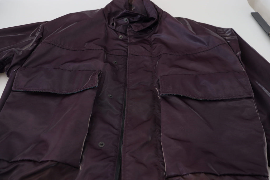 Dolce & Gabbana purple nylon biker coat with a collared design and front zipper, stylish outerwear for a bold fashion statement.