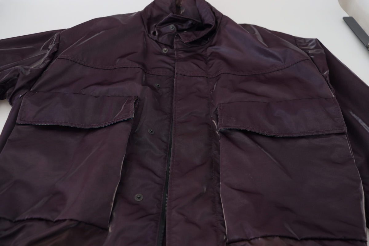 Dolce & Gabbana purple nylon biker coat with a collared design and front zipper, stylish outerwear for a bold fashion statement.