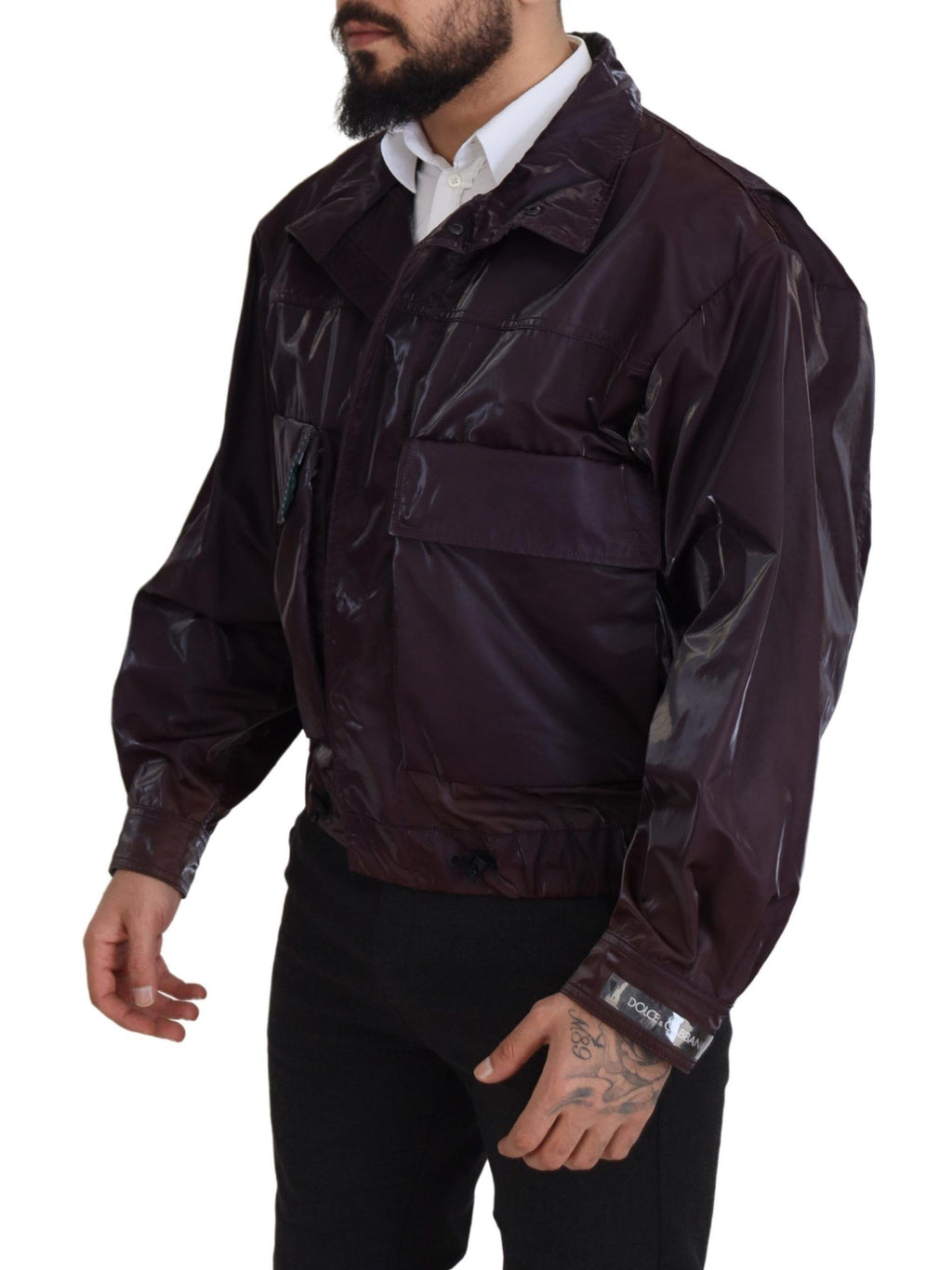 Dolce & Gabbana purple nylon biker coat with collar, featuring a stylish and modern design for a chic outerwear look.