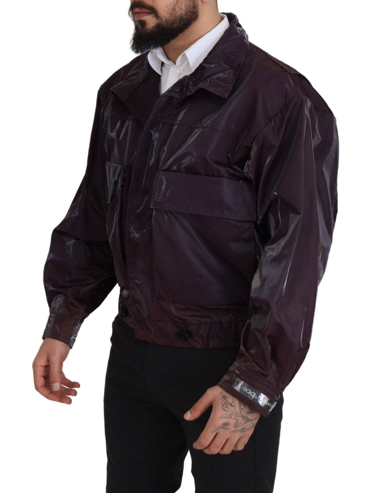 Dolce & Gabbana purple nylon biker coat with collar, featuring a stylish and modern design for a chic outerwear look.