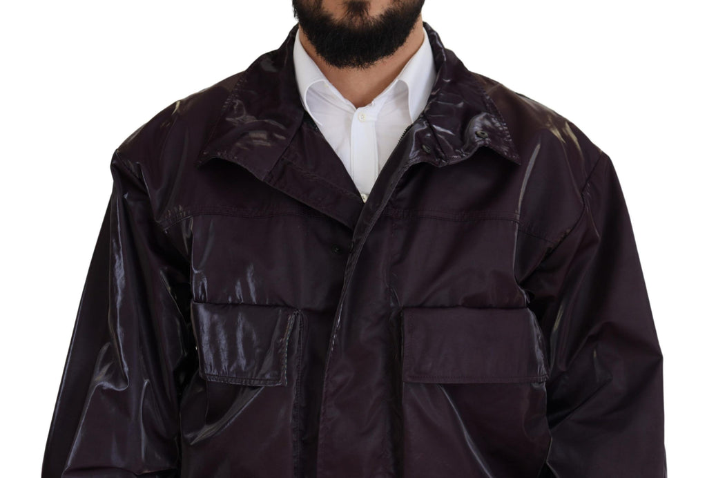Dolce & Gabbana purple nylon biker coat with a collar, featuring a stylish, contemporary design and a fitted silhouette.