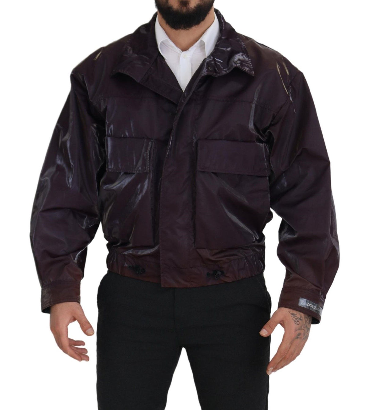Dolce & Gabbana purple nylon biker coat with a collar, stylish and sleek outerwear jacket with zipper details.