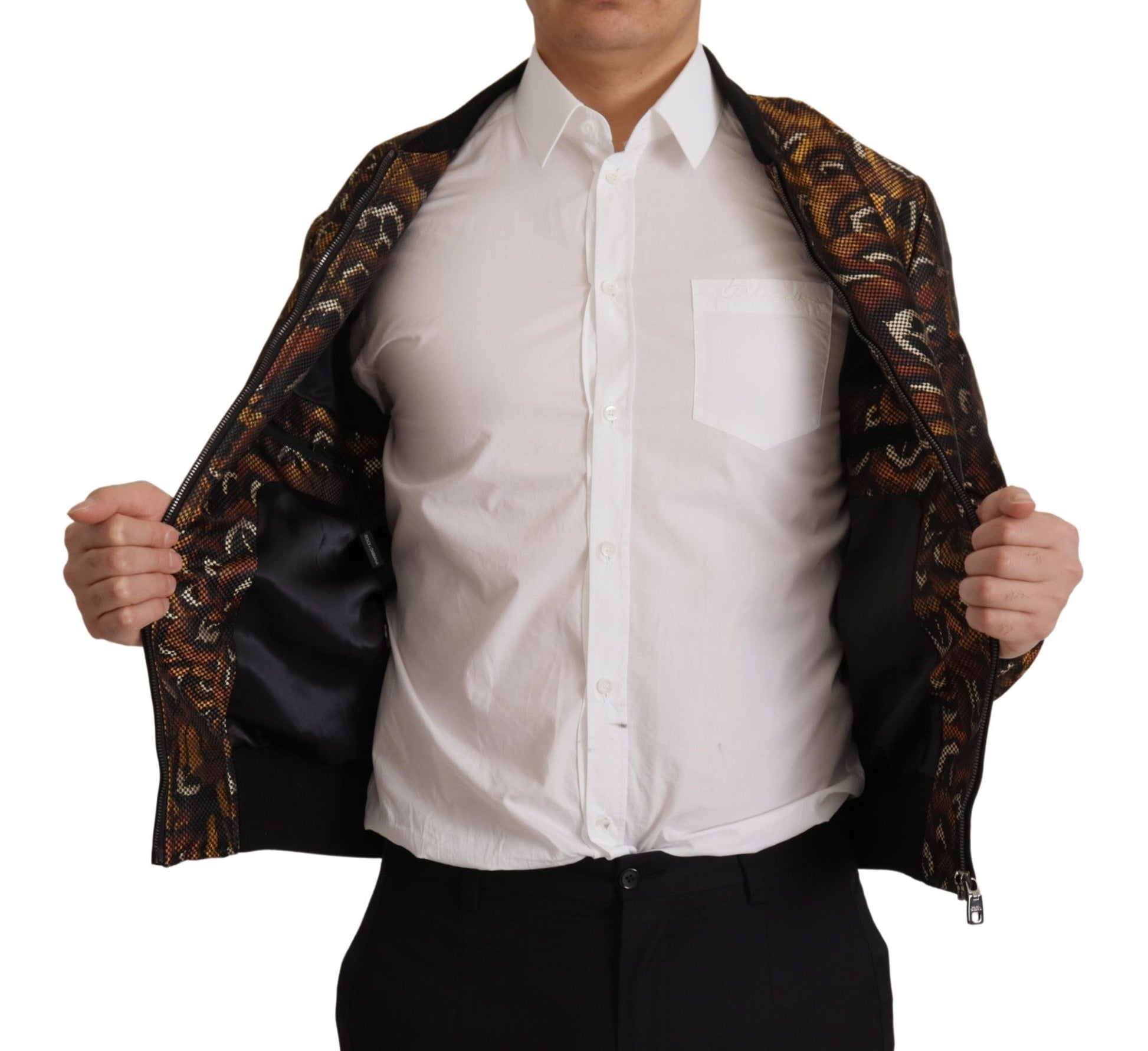 Dolce & Gabbana Brown Feather Full Zip Blouson Jacket Dolce & Gabbana