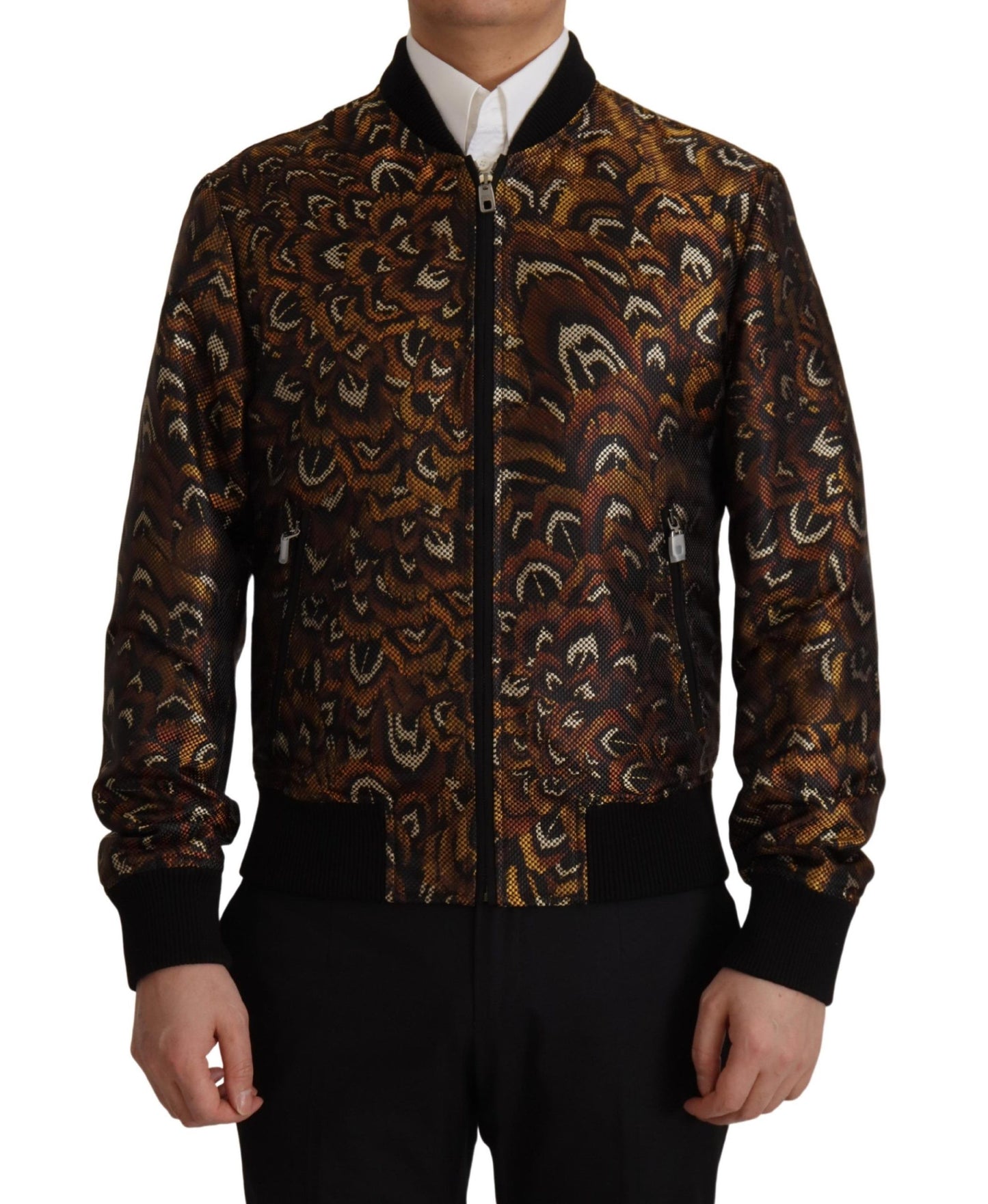 Dolce & Gabbana Brown Feather Full Zip Blouson Jacket Dolce & Gabbana