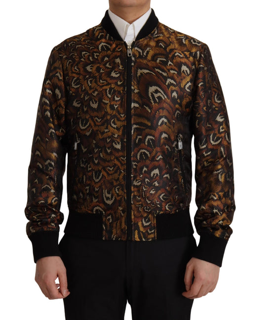 Dolce & Gabbana Brown Feather Full Zip Blouson Jacket Dolce & Gabbana