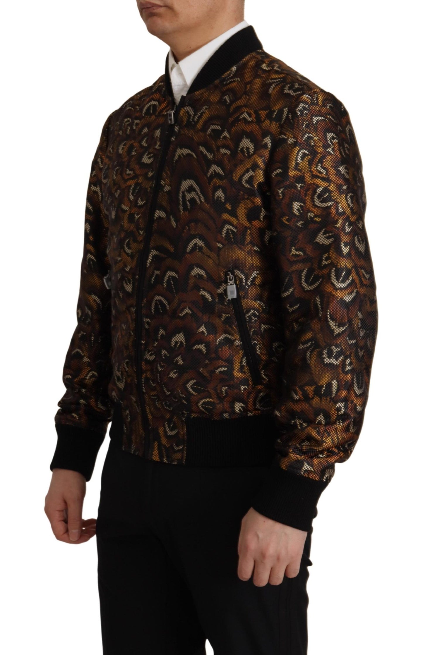 Dolce & Gabbana Brown Feather Full Zip Blouson Jacket Dolce & Gabbana