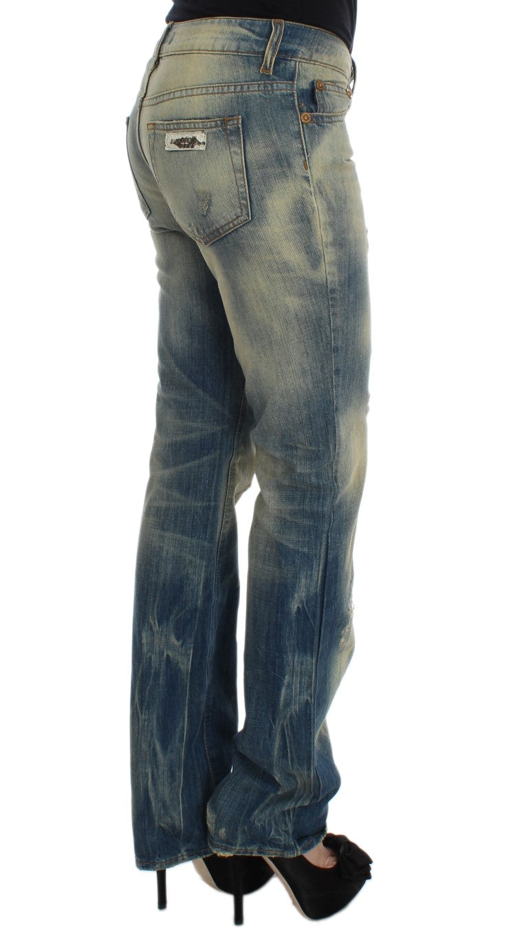 Cavalli Blue Wash Cotton Slim Fit Bootcut Jeans Cavalli