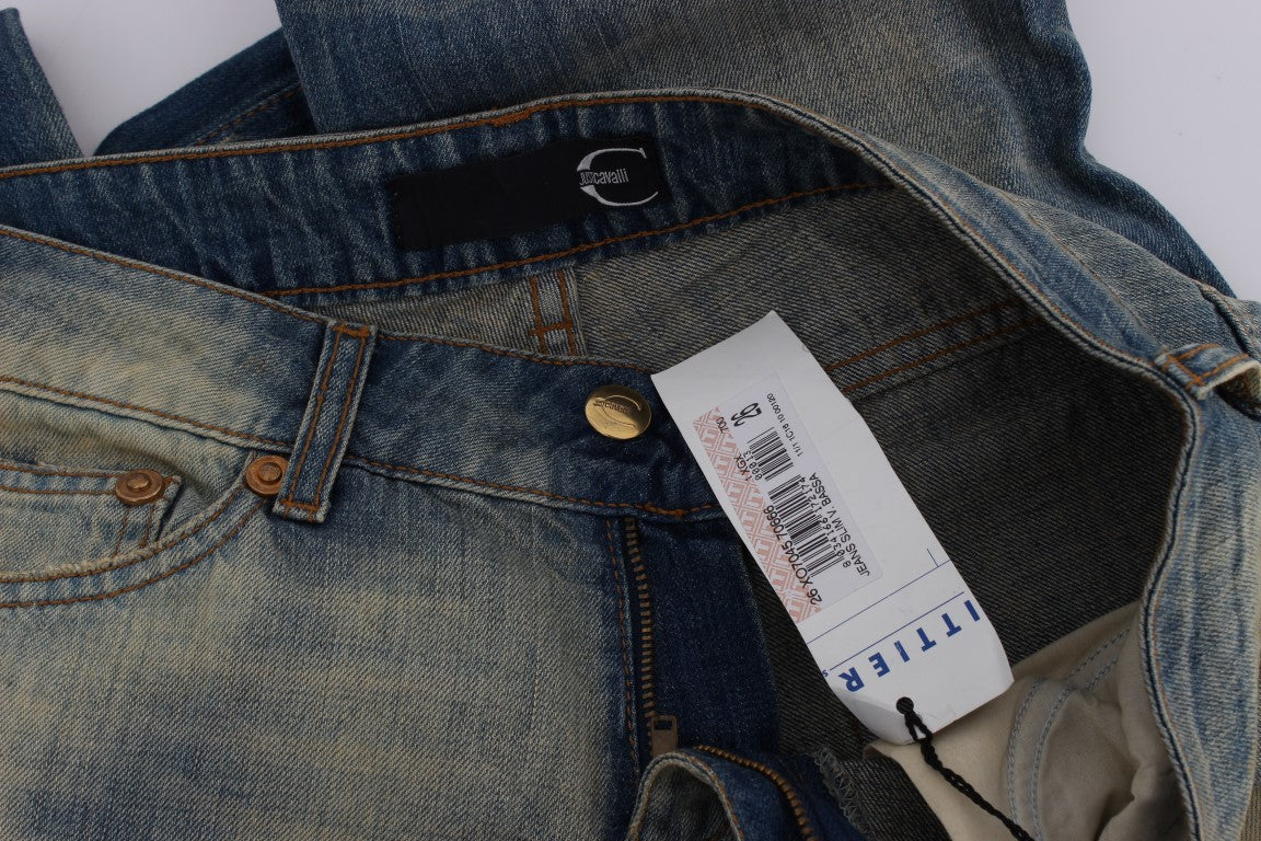 Cavalli Blue Wash Cotton Slim Fit Bootcut Jeans Cavalli