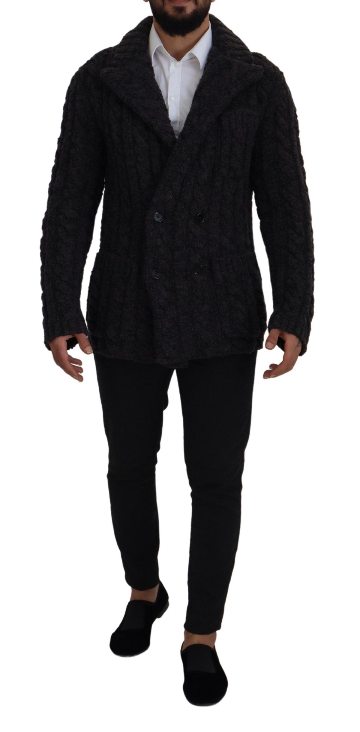 Dolce & Gabbana Black Wool Knit Double Breasted Coat Jacket Dolce & Gabbana