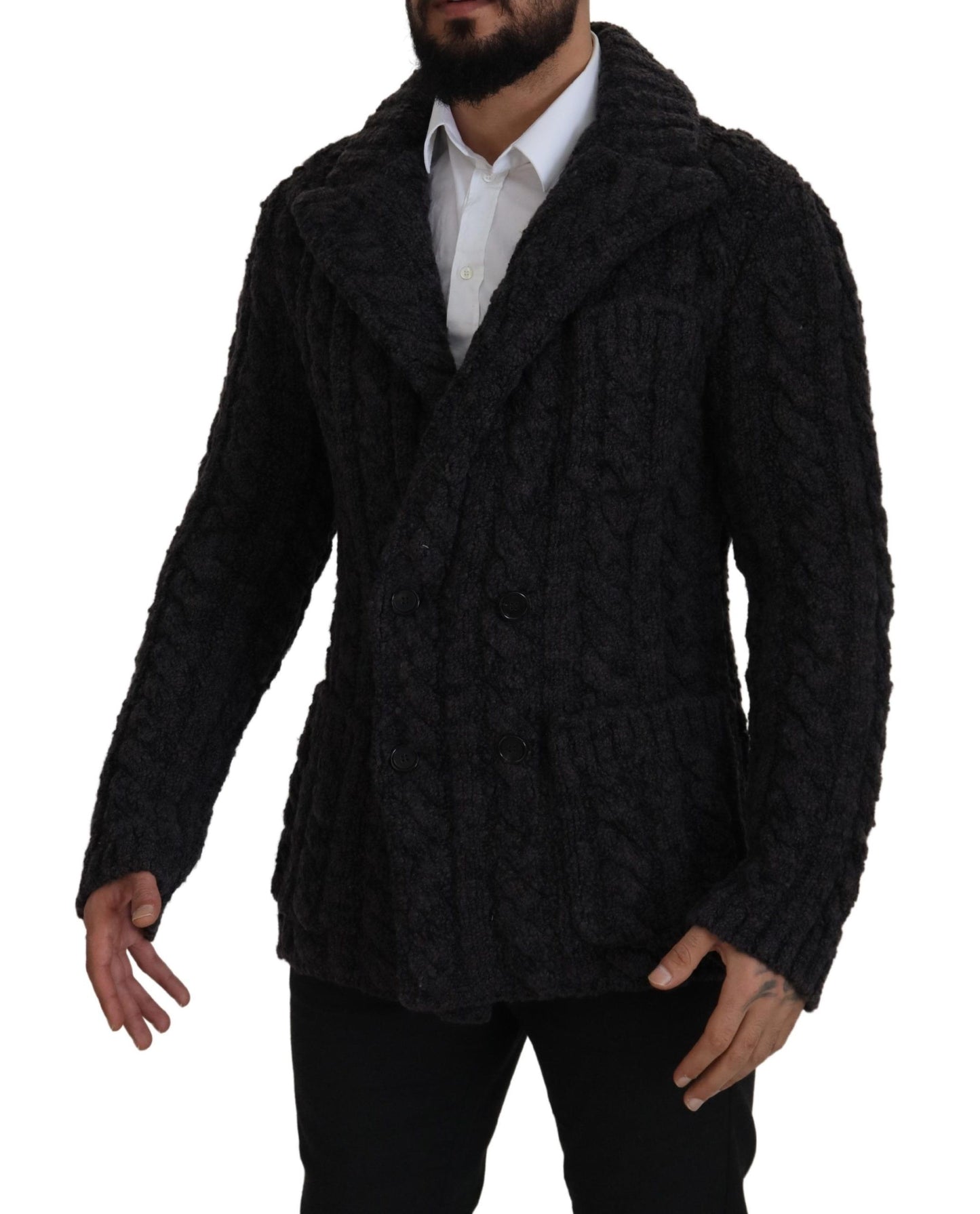 Dolce & Gabbana Black Wool Knit Double Breasted Coat Jacket Dolce & Gabbana