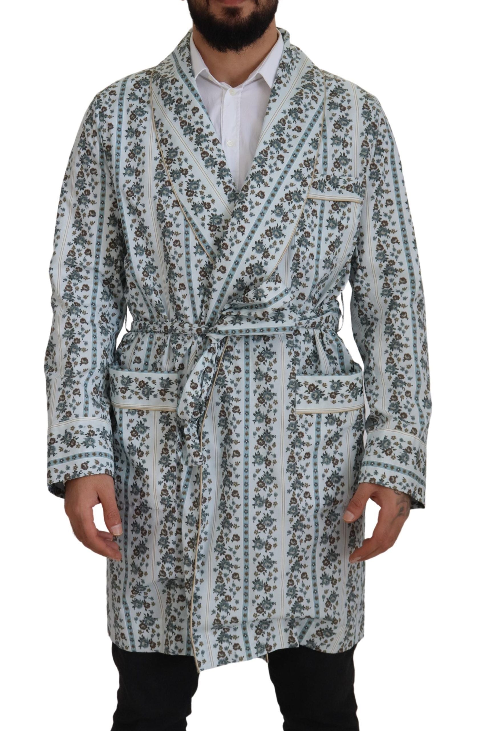 Dolce & Gabbana Blue Floral Cotton Robe Coat Jacket Dolce & Gabbana