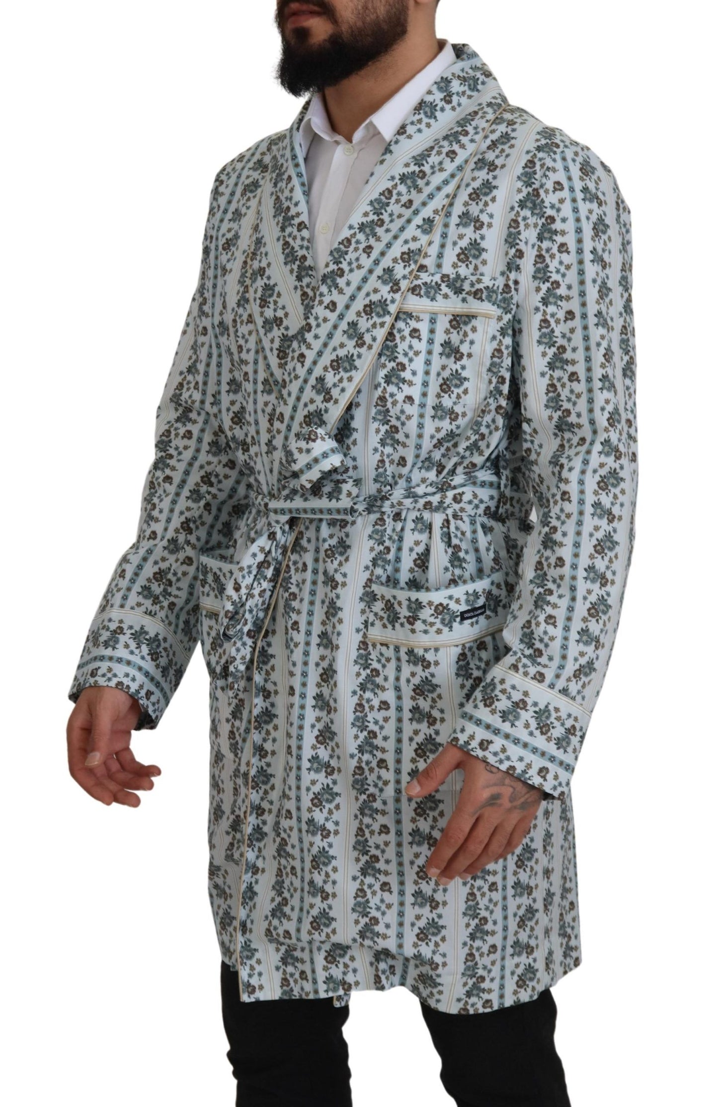 Dolce & Gabbana Blue Floral Cotton Robe Coat Jacket Dolce & Gabbana