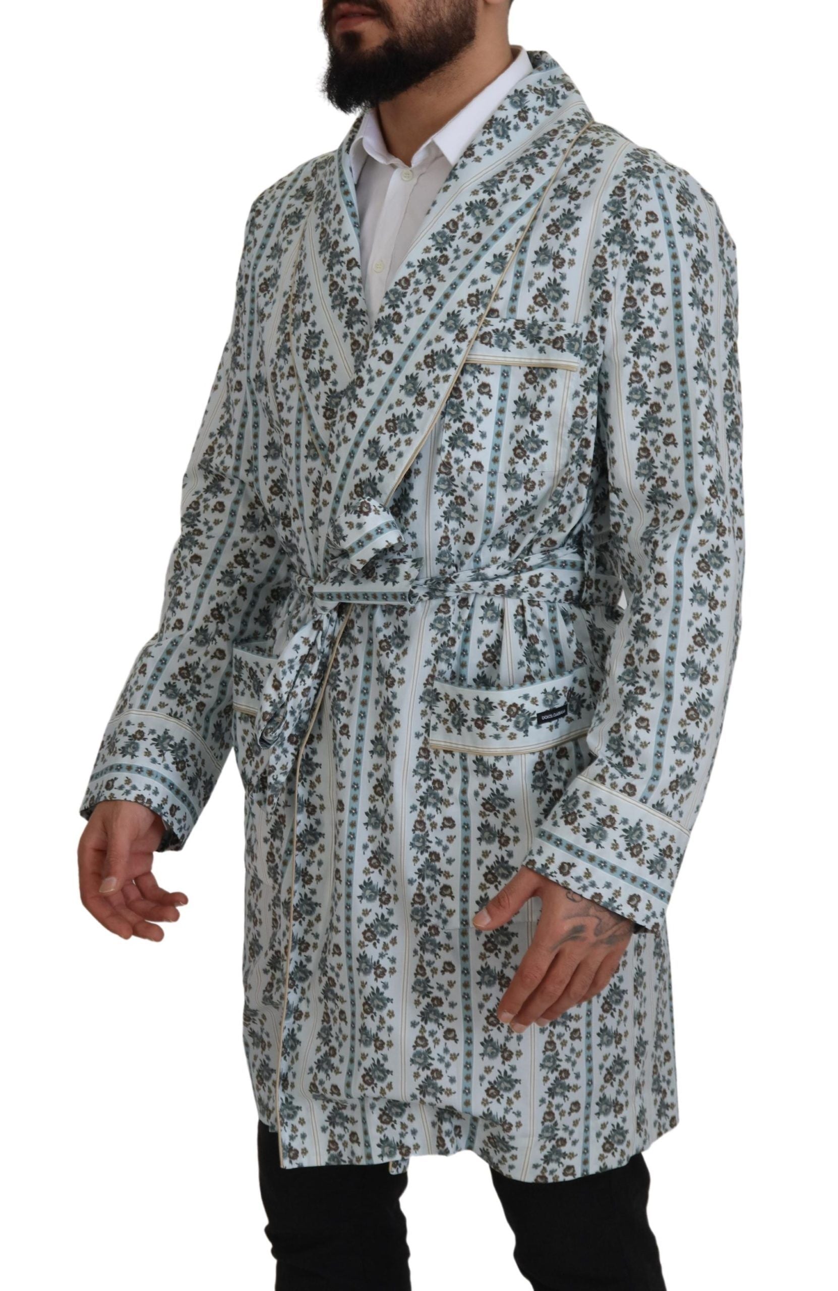 Dolce & Gabbana Blue Floral Cotton Robe Coat Jacket Dolce & Gabbana