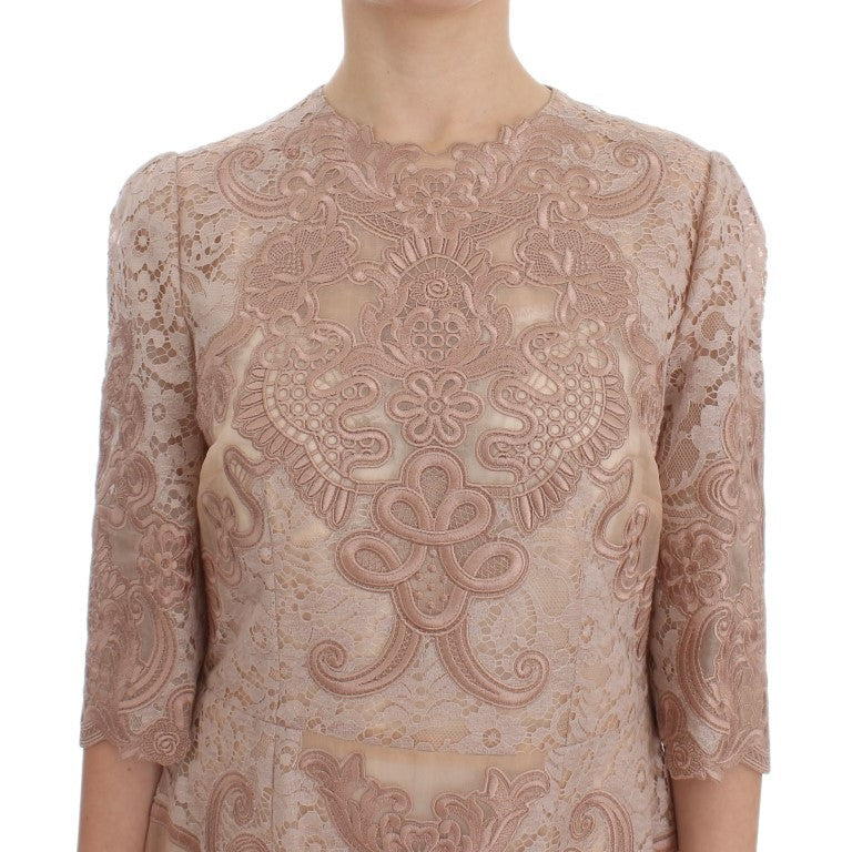 Dolce & Gabbana Pink Silk Lace Ricamo Shift Gown Dress