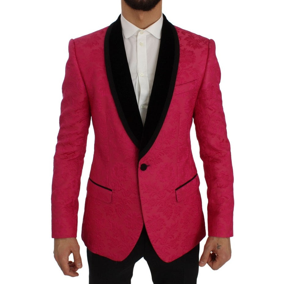 Dolce & Gabbana pink floral brocade slim blazer jacket shown with detailed floral pattern and tailored fit.