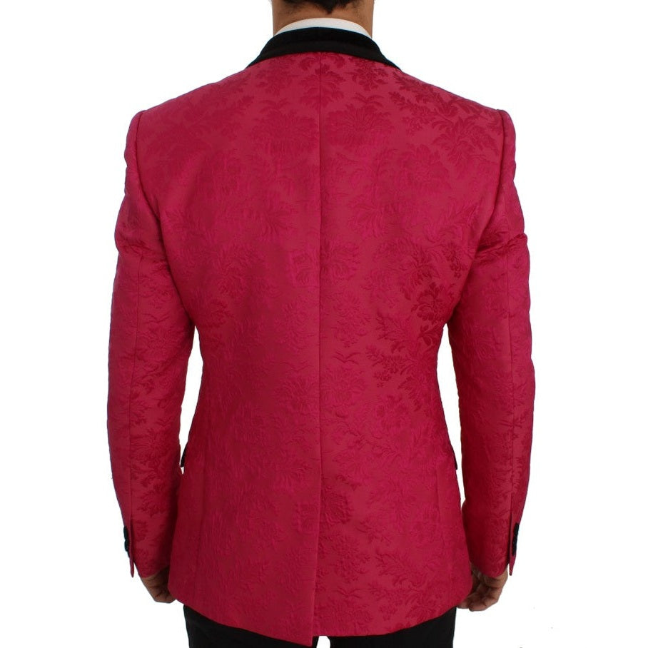 Dolce & Gabbana pink floral brocade slim blazer jacket with tailored fit and intricate floral pattern.