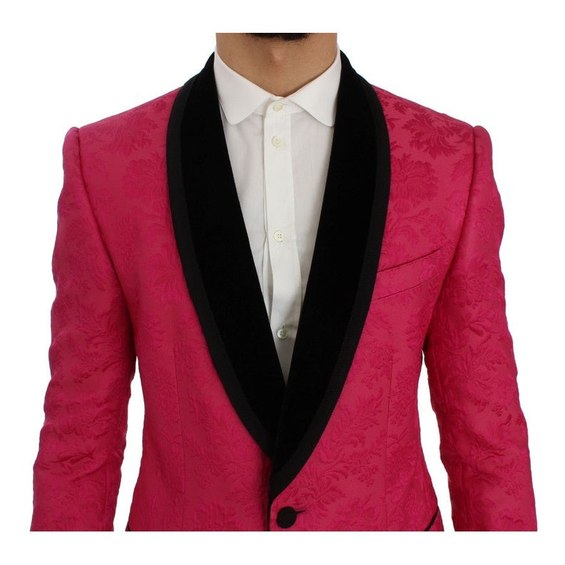 Dolce & Gabbana pink floral brocade slim blazer jacket with tailored fit and intricate floral pattern, stylish and elegant.