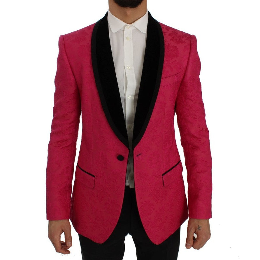 Dolce & Gabbana pink floral brocade slim blazer jacket with tailored fit and intricate floral pattern.