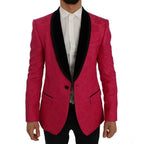 Dolce & Gabbana pink floral brocade slim blazer jacket with tailored fit and intricate floral pattern.