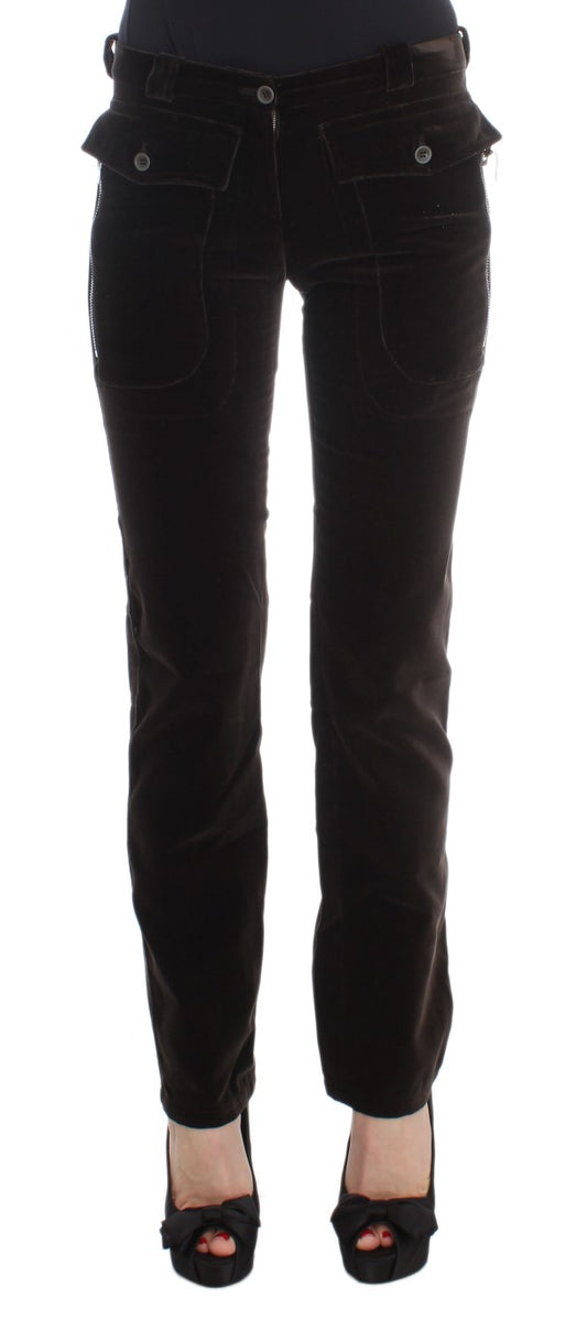 Ermanno Scervino Brown Cotton Velvet Zippers Slim Fit Pants Ermanno Scervino