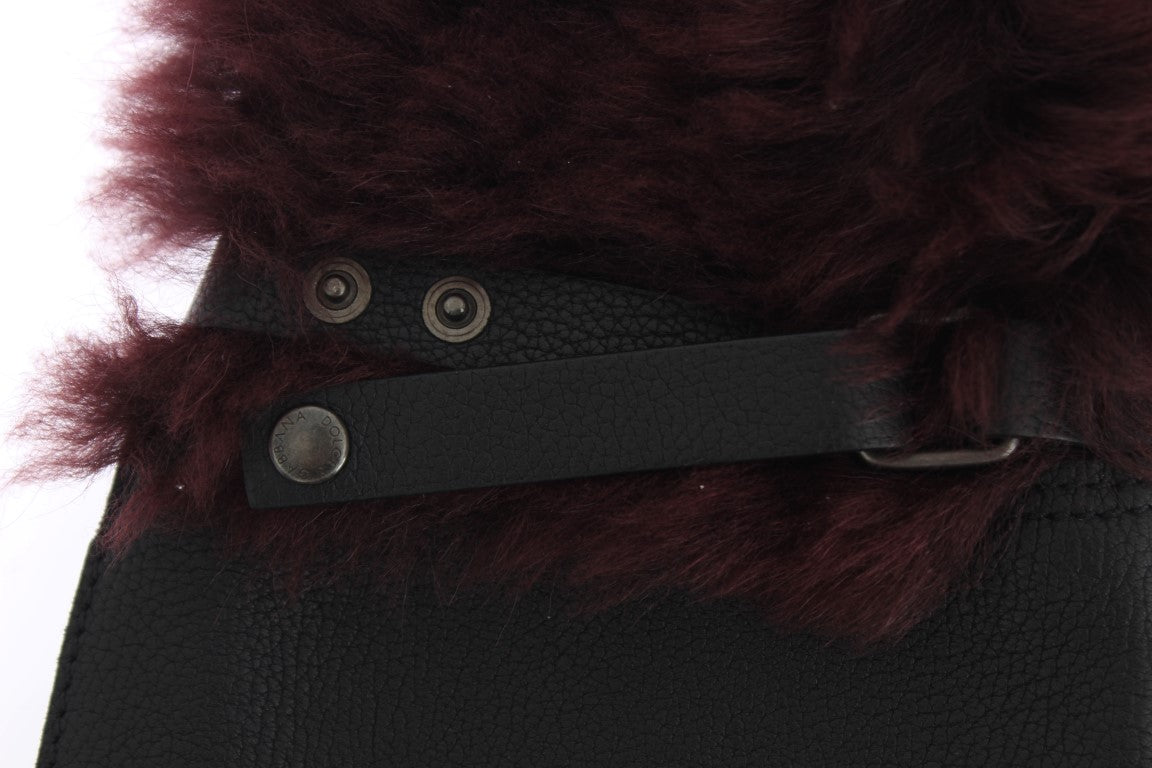 Dolce & Gabbana Black Leather Bordeaux Shearling Gloves Dolce & Gabbana