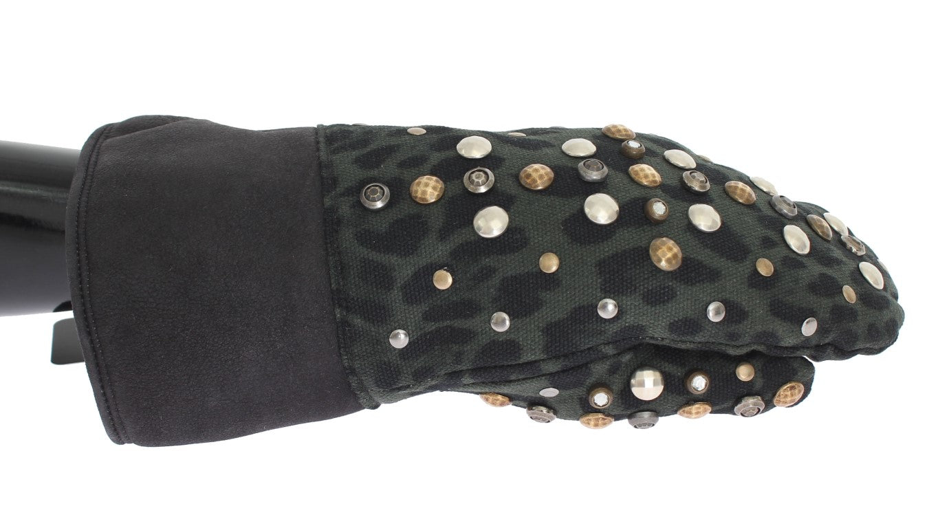 Dolce & Gabbana Gray Wool Shearling Studded Green Leopard Gloves Dolce & Gabbana
