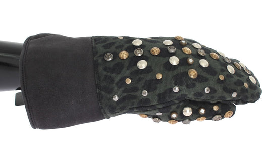 Dolce & Gabbana Gray Wool Shearling Studded Green Leopard Gloves Dolce & Gabbana