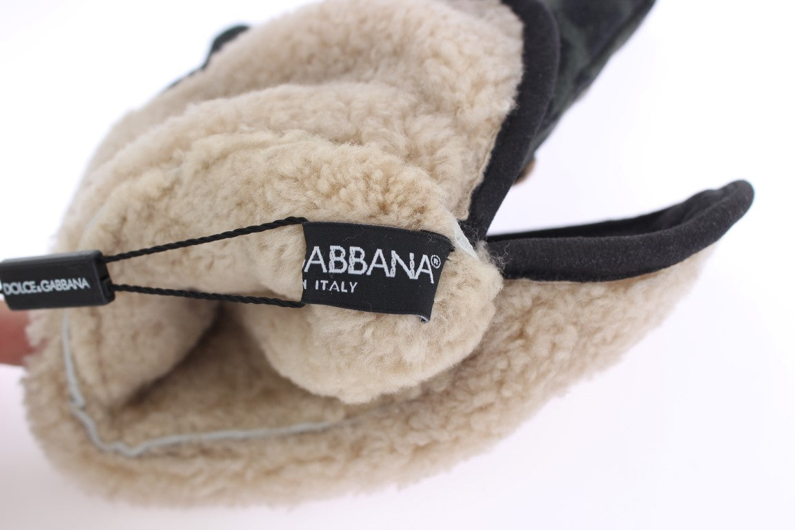 Dolce & Gabbana Gray Wool Shearling Studded Green Leopard Gloves Dolce & Gabbana