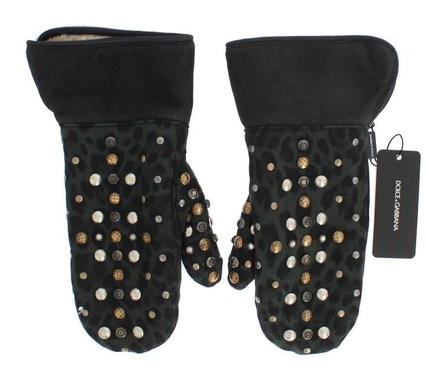 Dolce & Gabbana Gray Wool Shearling Studded Green Leopard Gloves Dolce & Gabbana