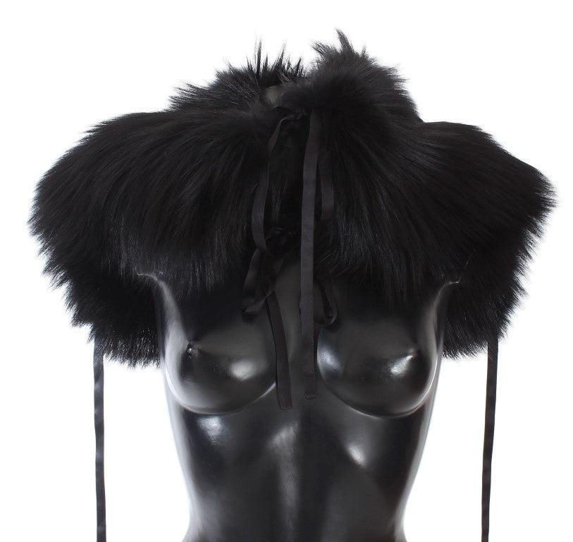 Black fox fur shoulder wrap collar scarf by Dolce & Gabbana, showing soft, luxurious fur with elegant draping.