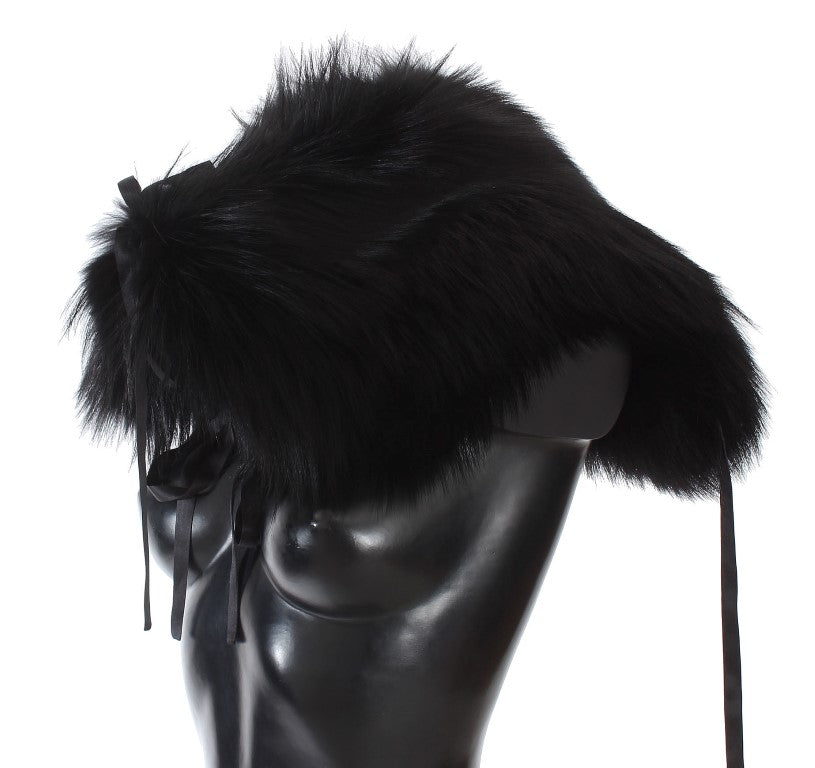 Dolce & Gabbana black fox fur shoulder wrap with cover collar, luxurious and soft fur scarf for elegant winter wear.