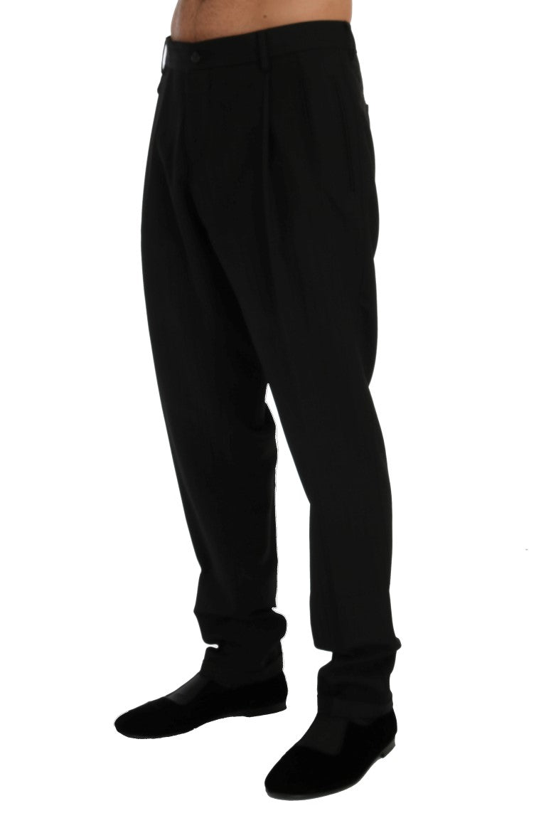 Dolce & Gabbana black striped wool stretch pants with tailored fit and subtle pattern, perfect for stylish everyday wear.