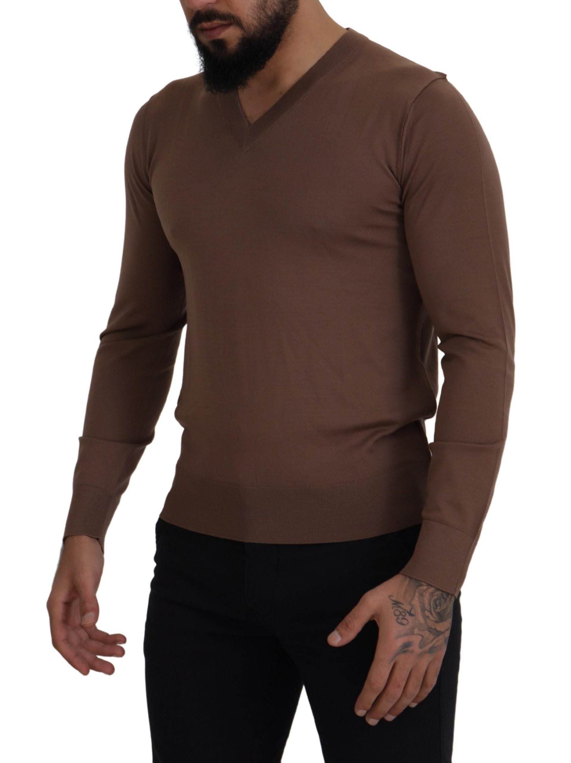 Dolce & Gabbana Brown Wool Men V-neck Pullover Sweater Dolce & Gabbana
