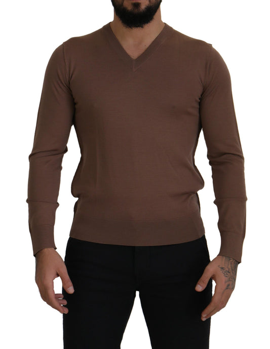 Dolce & Gabbana Brown Wool Men V-neck Pullover Sweater Dolce & Gabbana