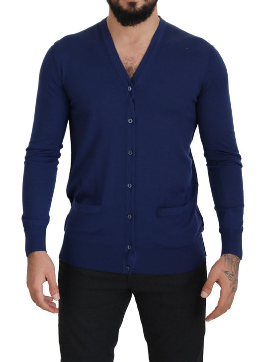 Dolce & Gabbana Blue Wool V-neck Button Down Cardigan Sweater Dolce & Gabbana