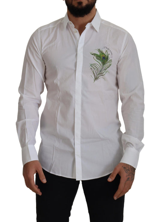 Dolce & Gabbana White Cotton Peacock Feather Formal GOLD Shirt Dolce & Gabbana