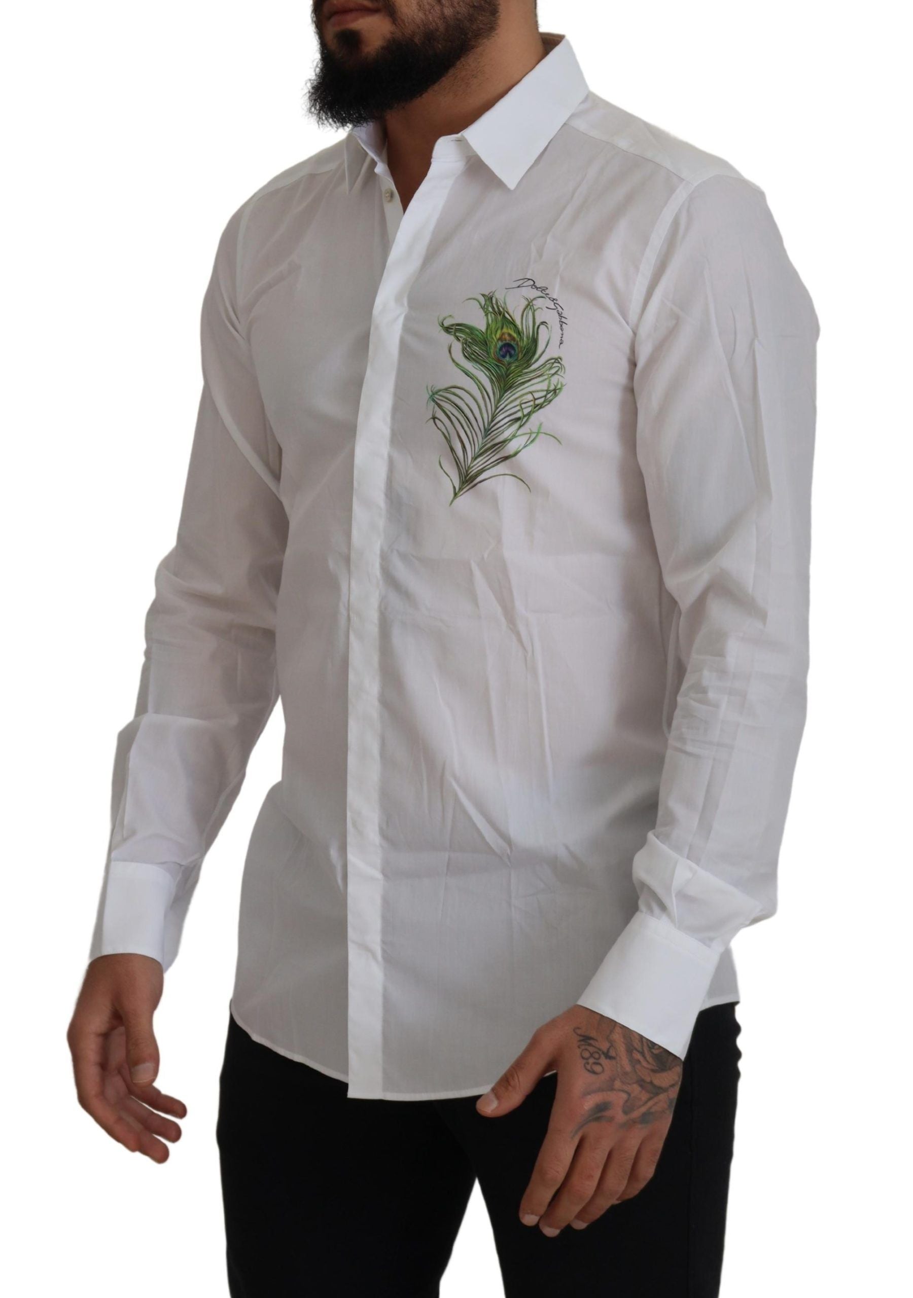 Dolce & Gabbana White Cotton Peacock Feather Formal GOLD Shirt Dolce & Gabbana