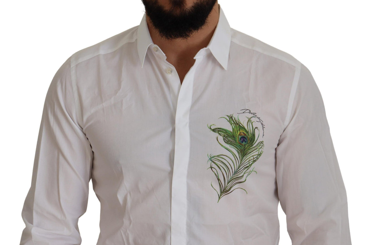 Dolce & Gabbana White Cotton Peacock Feather Formal GOLD Shirt Dolce & Gabbana