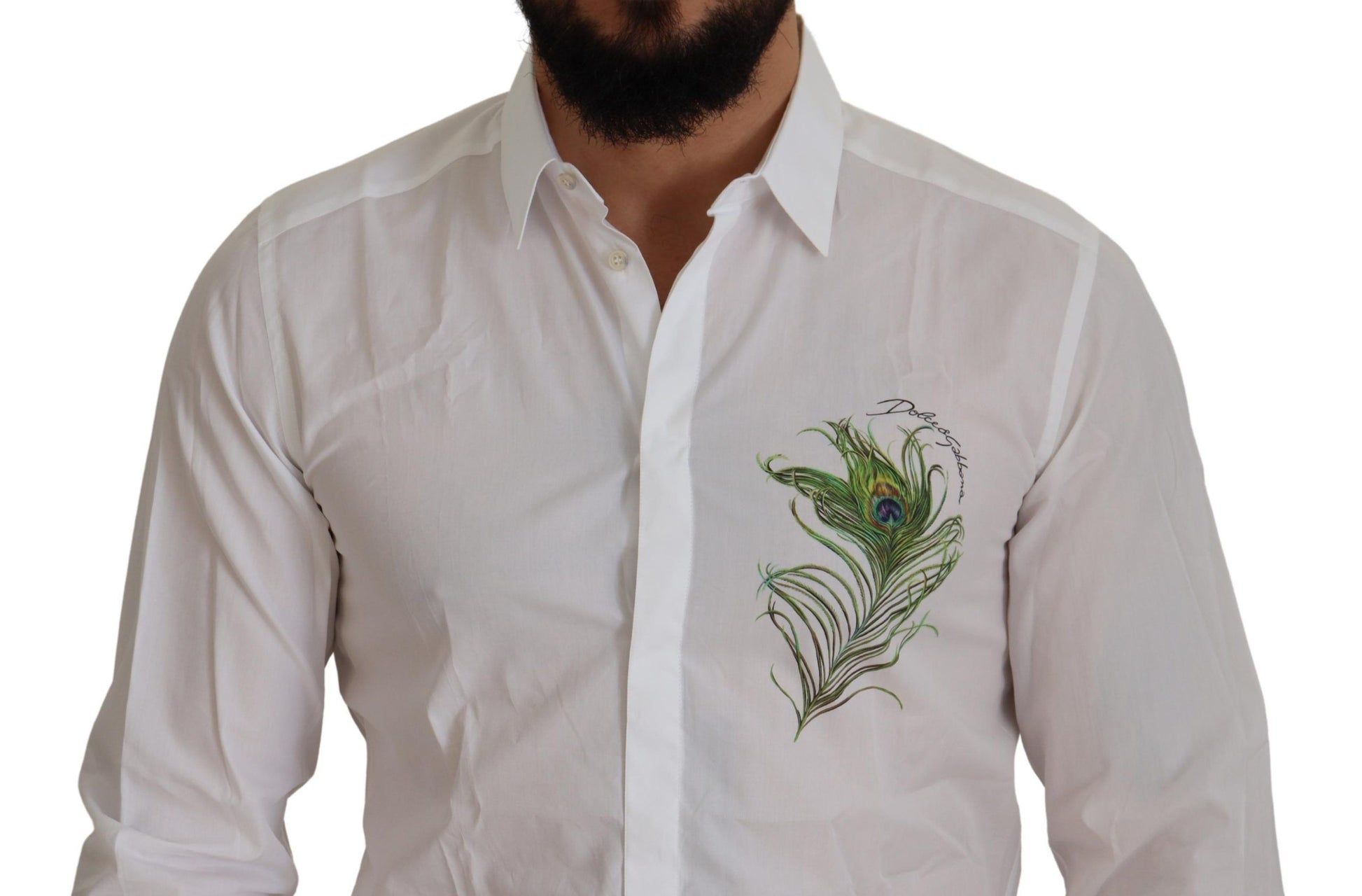 Dolce & Gabbana White Cotton Peacock Feather Formal GOLD Shirt Dolce & Gabbana