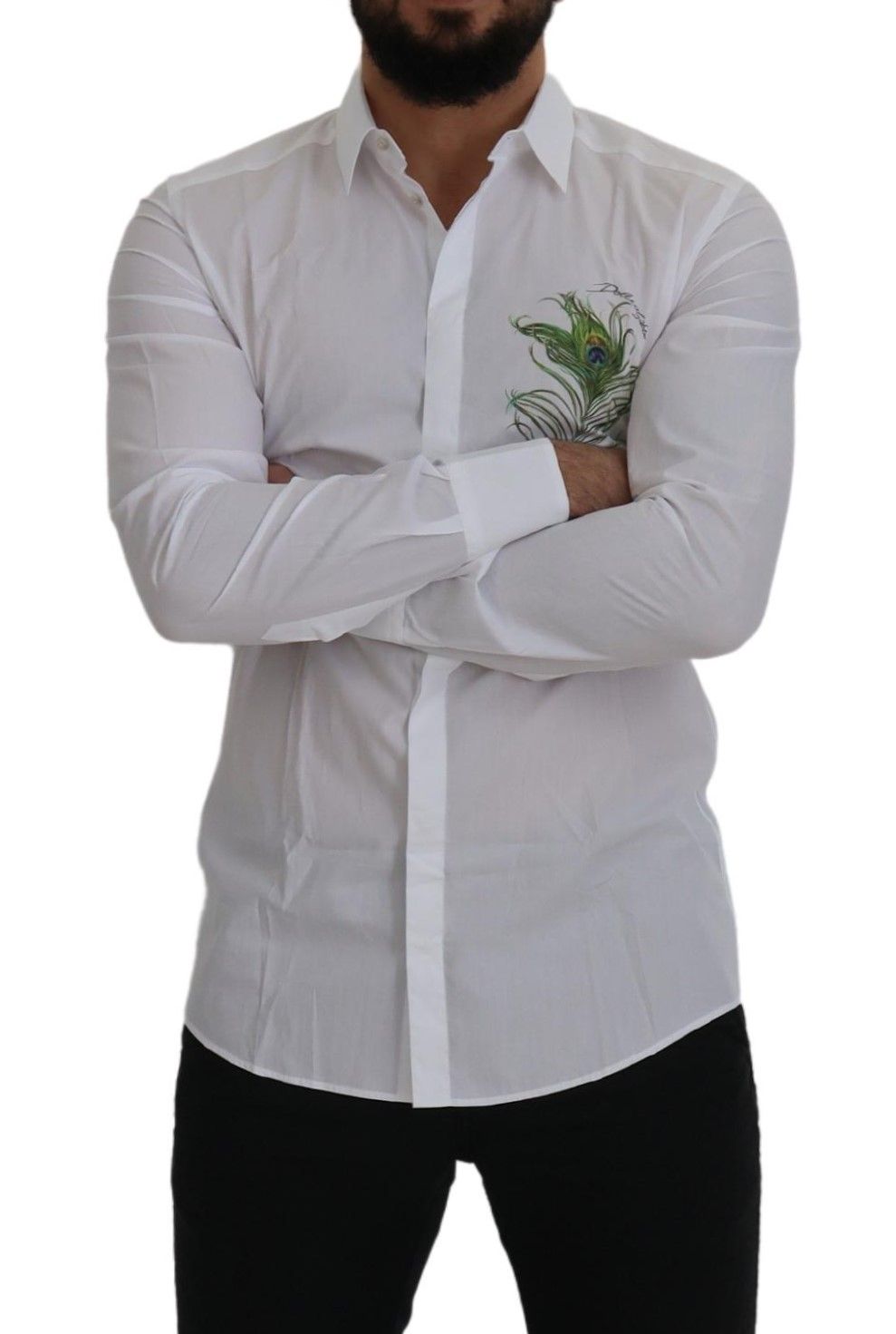 Dolce & Gabbana White Cotton Peacock Feather Formal GOLD Shirt Dolce & Gabbana